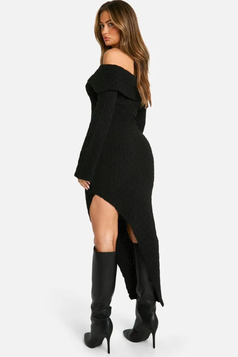Maxi Dresses|Jumper Dresses*boohoo Soft Cable Asymmetric Hem Bardot Maxi Dress black