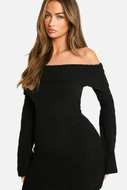 Maxi Dresses|Jumper Dresses*boohoo Soft Cable Asymmetric Hem Bardot Maxi Dress black