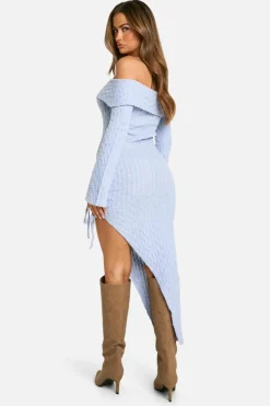 Jumper Dresses|Jumper Dresses*boohoo Soft Cable Asymmetric Hem Bardot Maxi Dress ice blue