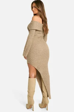 Maxi Dresses|Jumper Dresses*boohoo Soft Cable Asymmetric Hem Bardot Maxi Dress mocha