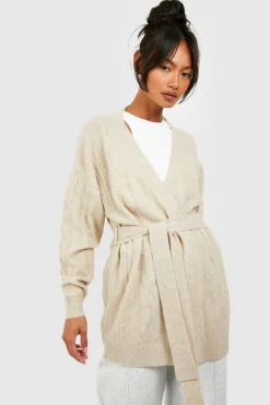 Cardigans*boohoo Soft Cable Knit Belted Cardigan camel