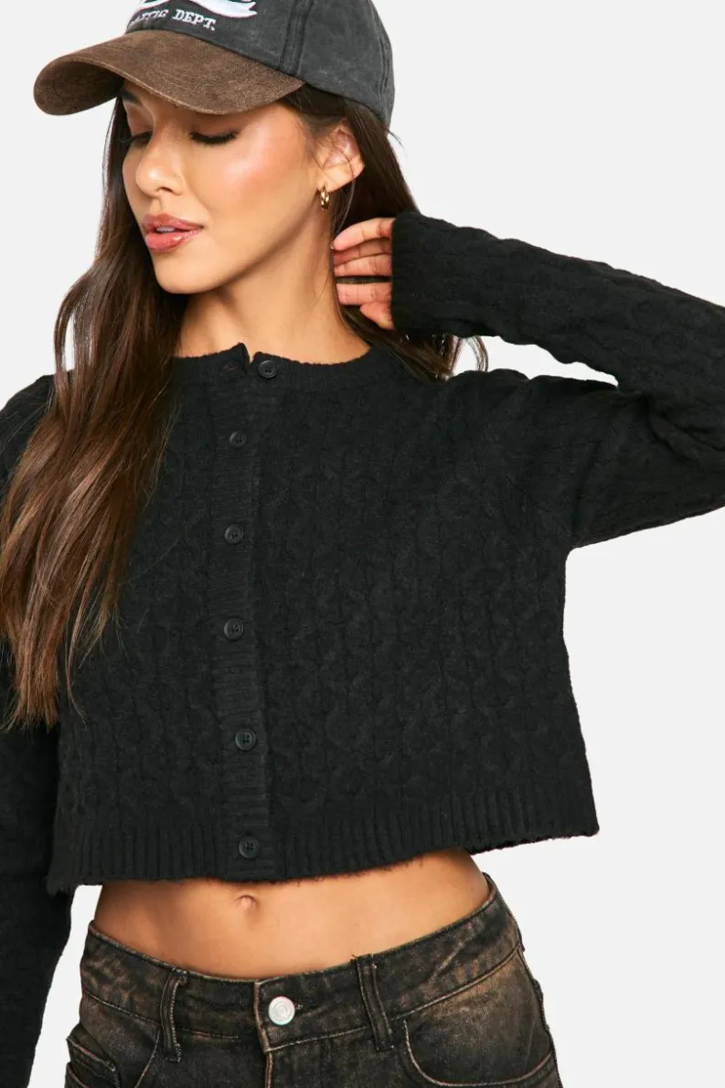 Cardigans|Jumpers & Cardigans*boohoo Soft Cable Knit Crop Cardigan black