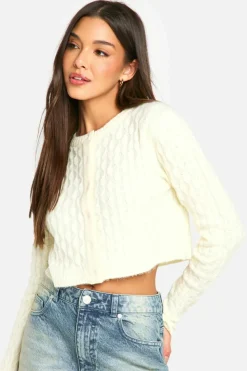 Cardigans|Jumpers & Cardigans*boohoo Soft Cable Knit Crop Cardigan cream
