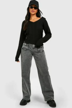 Oversized Jumpers*boohoo Soft Cable Knit Polo Collar Jumper black