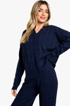 Knitted Co-Ords*boohoo Soft Cable Knit Polo Collar Jumper And Wide Leg Trouser Co-ord navy
