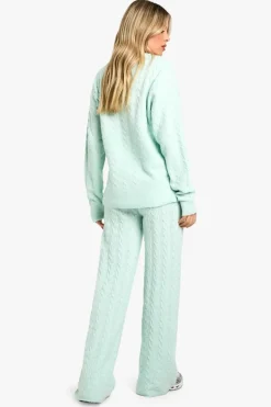 Knitted Co-Ords|Knitwear*boohoo Soft Cable Knit Polo Collar Jumper And Wide Leg Trouser Co-ord mint