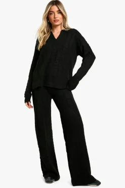 Knitted Co-Ords|Knitwear*boohoo Soft Cable Knit Polo Collar Jumper And Wide Leg Trouser Co-ord black