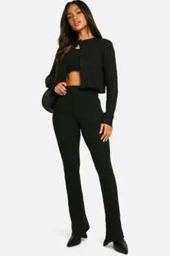 Knitted Co-Ords|Up To 80% Off Winter Warmers*boohoo Soft Cable Knitted Cardigan, Crop Top And Flare Leg Trouser 3 Piece Set black