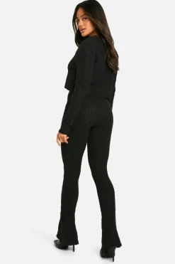 Knitted Co-Ords|Up To 80% Off Winter Warmers*boohoo Soft Cable Knitted Cardigan, Crop Top And Flare Leg Trouser 3 Piece Set black