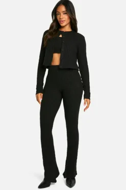 Knitted Co-Ords|Up To 80% Off Winter Warmers*boohoo Soft Cable Knitted Cardigan, Crop Top And Flare Leg Trouser 3 Piece Set black
