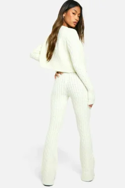 Knitted Co-Ords|Up To 80% Off Winter Warmers*boohoo Soft Cable Knitted Cardigan, Crop Top And Flare Leg Trouser 3 Piece Set cream