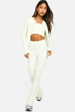 Knitted Co-Ords|Up To 80% Off Winter Warmers*boohoo Soft Cable Knitted Cardigan, Crop Top And Flare Leg Trouser 3 Piece Set cream