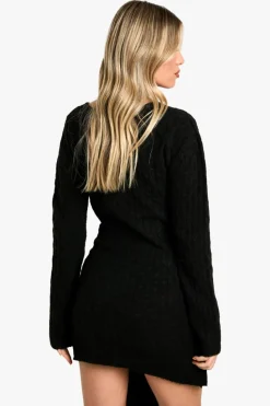 Jumper Dresses|Jumper Dresses*boohoo Soft Cable Oversized Tie Detail Knitted Mini Dress black