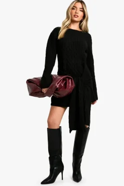 Jumper Dresses|Jumper Dresses*boohoo Soft Cable Oversized Tie Detail Knitted Mini Dress black