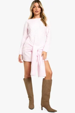 Mini Dresses|Jumper Dresses*boohoo Soft Cable Oversized Tie Detail Knitted Mini Dress pink