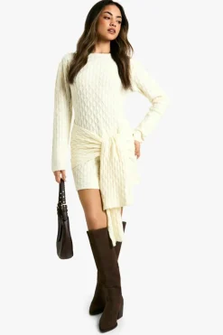 Mini Dresses|Jumper Dresses*boohoo Soft Cable Oversized Tie Detail Knitted Mini Dress cream