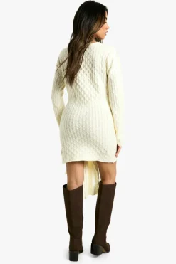 Mini Dresses|Jumper Dresses*boohoo Soft Cable Oversized Tie Detail Knitted Mini Dress cream