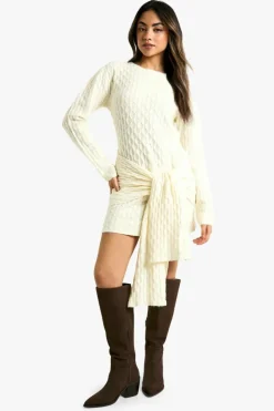 Mini Dresses|Jumper Dresses*boohoo Soft Cable Oversized Tie Detail Knitted Mini Dress cream