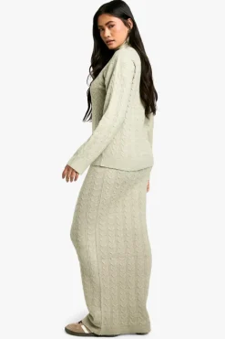 Knitted Co-Ords|Skirts*boohoo Soft Cable Roll Neck Jumper And Maxi Skirt Co-ord stone