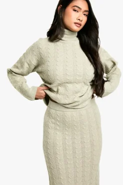 Knitted Co-Ords|Skirts*boohoo Soft Cable Roll Neck Jumper And Maxi Skirt Co-ord stone