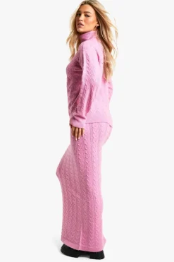 Knitted Co-Ords|Up To 80% Off Winter Warmers*boohoo Soft Cable Roll Neck Jumper And Maxi Skirt Co-ord pink