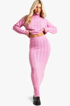 Knitted Co-Ords|Up To 80% Off Winter Warmers*boohoo Soft Cable Roll Neck Jumper And Maxi Skirt Co-ord pink