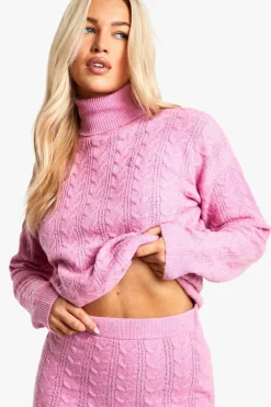 Knitted Co-Ords|Up To 80% Off Winter Warmers*boohoo Soft Cable Roll Neck Jumper And Maxi Skirt Co-ord pink