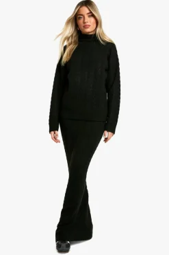 Knitted Co-Ords|Bottoms*boohoo Soft Cable Roll Neck Jumper And Maxi Skirt Co-ord black