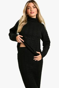 Knitted Co-Ords|Bottoms*boohoo Soft Cable Roll Neck Jumper And Maxi Skirt Co-ord black
