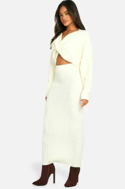 Knitted Co-Ords|Jumpers*boohoo Soft Cable Twist Front Crop Jumper And Maxi Skirt Set butter