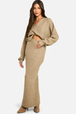 Knitted Co-Ords|Jumpers*boohoo Soft Cable Twist Front Crop Jumper And Maxi Skirt Set mocha