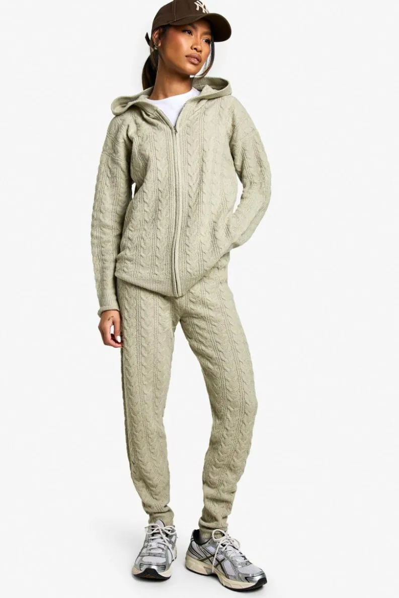 Knitted Co-Ords|Joggers*boohoo Soft Cable Zip Through Hoody Knitted Tracksuit stone