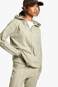Knitted Co-Ords|Joggers*boohoo Soft Cable Zip Through Hoody Knitted Tracksuit stone