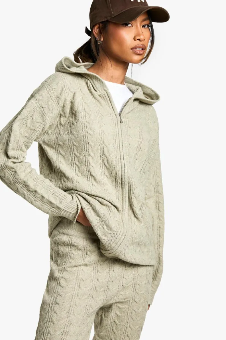 Knitted Co-Ords|Joggers*boohoo Soft Cable Zip Through Hoody Knitted Tracksuit stone