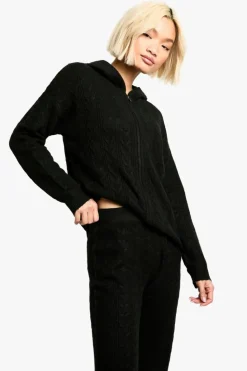 Knitted Co-Ords|Joggers*boohoo Soft Cable Zip Through Hoody Knitted Tracksuit black
