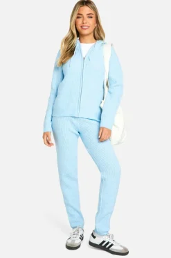 Knitted Co-Ords|Up To 80% Off Winter Warmers*boohoo Soft Fine Guage Zip Through Hoody Knitted Tracksuit sky blue