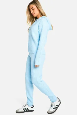 Knitted Co-Ords|Up To 80% Off Winter Warmers*boohoo Soft Fine Guage Zip Through Hoody Knitted Tracksuit sky blue