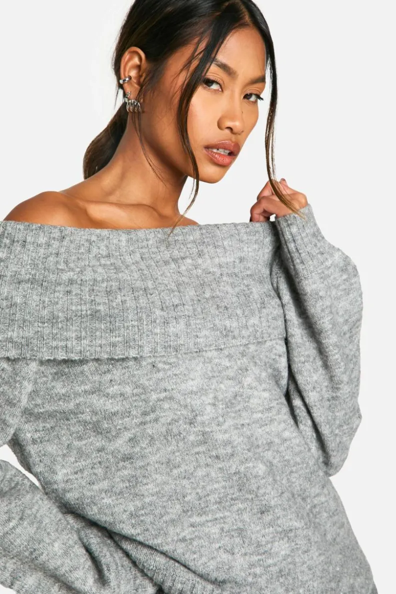 Jumpers|Jumpers & Cardigans*boohoo Soft Knit Bardot Slouchy Jumper grey marl