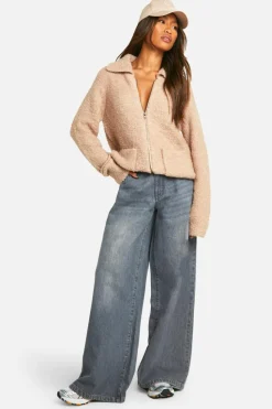 Cardigans*boohoo Soft Knit Boucle Zip Through Collared Knitted Bomber camel