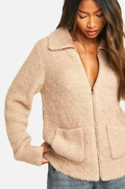 Cardigans*boohoo Soft Knit Boucle Zip Through Collared Knitted Bomber camel