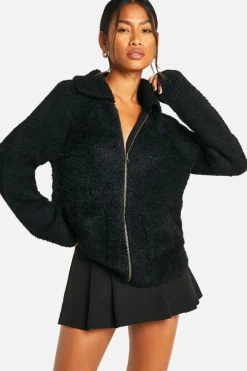Cardigans*boohoo Soft Knit Boucle Zip Through Collared Cardigan black