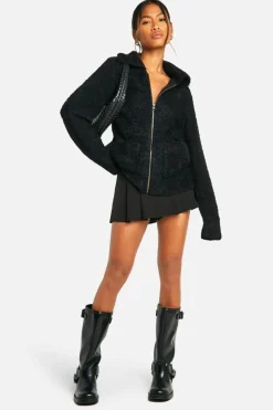 Cardigans*boohoo Soft Knit Boucle Zip Through Collared Cardigan black