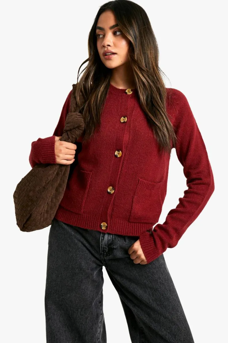 Cardigans|Jumpers & Cardigans*boohoo Soft Knit Boxy Cardigan With Pockets berry