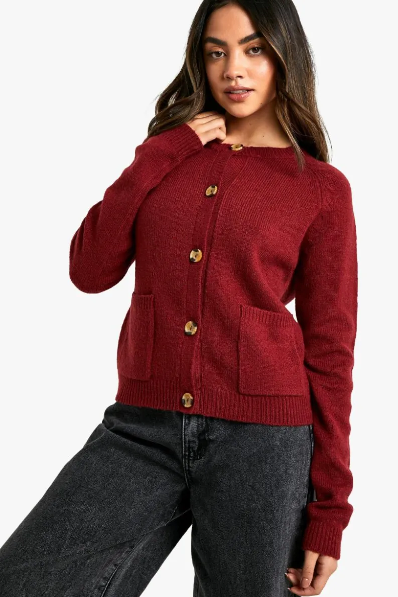 Cardigans|Jumpers & Cardigans*boohoo Soft Knit Boxy Cardigan With Pockets berry
