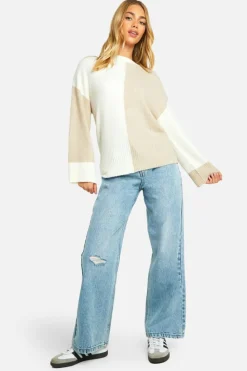 Oversized Jumpers|Jumpers*boohoo Soft Knit Colour Block Oversized Jumper stone