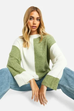 Oversized Jumpers|Jumpers*boohoo Soft Knit Colour Block Oversized Jumper khaki