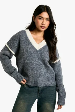 Jumpers|Up To 80% Off Winter Warmers*boohoo Soft Knit Contrast Detail Knitted V Neck Jumper grey
