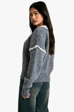 Jumpers|Up To 80% Off Winter Warmers*boohoo Soft Knit Contrast Detail Knitted V Neck Jumper grey