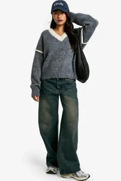 Jumpers|Up To 80% Off Winter Warmers*boohoo Soft Knit Contrast Detail Knitted V Neck Jumper grey