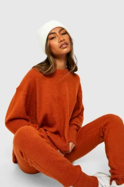 Knitted Co-Ords*boohoo Soft Knit Crew Neck Jumper & Trouser Co-ord rust